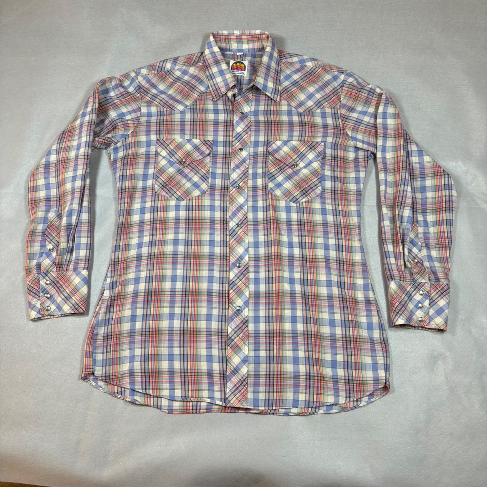 Vintage Miller Western Wear Pearl Snap Shirt Mens 17-34 Blue Plaid Denver CO